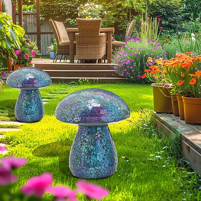 Bshine Mushroom Garden Statue Decoration, Mosaic Mushroom Sculptures Home Decor, Outdoor Waterproof Handmade Glass for Yard, Path, Lawn Ornaments and Indoor Decor, Blue
