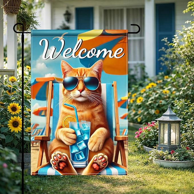 HOMETITUTE Hello Summer Beach Orange Cat Garden Flag 12×18 Inch Double Sided Summer Coastal Seasonal Tropical Pool Yard Flag Summer Cat Garden Flags Tropical Ocean Sea Outside Outdoor House Decoration
