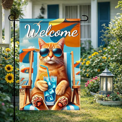 HOMETITUTE Hello Summer Beach Orange Cat Garden Flag 12×18 Inch Double Sided Summer Coastal Seasonal Tropical Pool Yard Flag Summer Cat Garden Flags Tropical Ocean Sea Outside Outdoor House Decoration