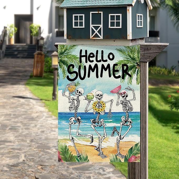 DLZDN Hello Summer Skeleton Garden Flag Funny Skull Garden Flag 12×18 Inch Double Sided Vertical Burlap Summer Coastal Seasonal Hawaii Tropical Ocean Yard Flag Outdoor Decoration