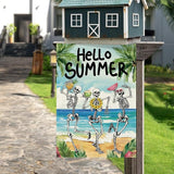 DLZDN Hello Summer Skeleton Garden Flag Funny Skull Garden Flag 12×18 Inch Double Sided Vertical Burlap Summer Coastal Seasonal Hawaii Tropical Ocean Yard Flag Outdoor Decoration