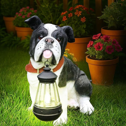 Outdoor English Bulldog Dog Statue with Interchangeable Welcome sign and Detachable Solar Lantern –LED Light Garden Dog Sculpture Décor Garden Statue Outdoor dog statue Cute Puppy Yard Porch Gift