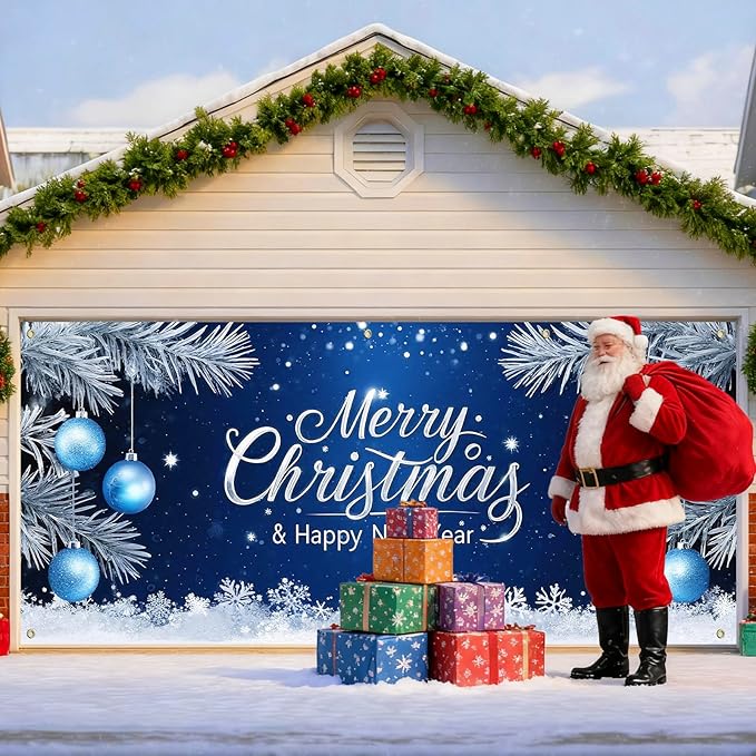 IVN Christmas Garage Door Cover Decoration 13x6ft Blue Night Snowflakes Silver Ornaments Pine Branches Merry Christmas Winter Garage Door Banner Home Door Front Yard Decor for Xmas Eve Holiday Outdoor