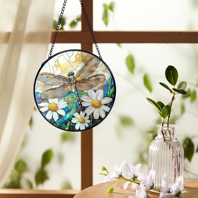 Dragonfly Suncatchers Stained Glass Window Hanging, Dragonfly Flower Sun Catchers Indoor Window Glass Round Wall Decor, Nature Insect Floral Wall Hanging Decorations, 7.9x7.9in