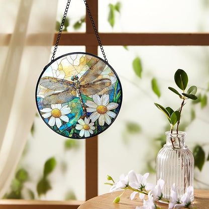Dragonfly Suncatchers Stained Glass Window Hanging, Dragonfly Flower Sun Catchers Indoor Window Glass Round Wall Decor, Nature Insect Floral Wall Hanging Decorations, 7.9x7.9in