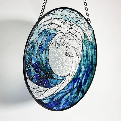 Ocean Waves Stained Glass Suncatcher, Handmade Window Hanging Wall Art with Chain, Real Glass Coastal Home Decor, Unique Sun Catcher Gift for Women, Christmas, 7.8