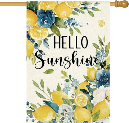 AVOIN colorlife Summer Lemon Floral House Flag 28x40 Inch Double Sided Outside, Hello Sunshine Seasonal Yard Outdoor Flag