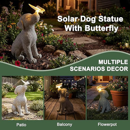 Lyeasw Dog Solar Statues with Butterfly - Waterproof Gray Dog Garden Decor for Patio, Yard, Porch- Cute Puppy Figurines with Solar LED Lights for Outdoor Decor, Pet Memorial Gift