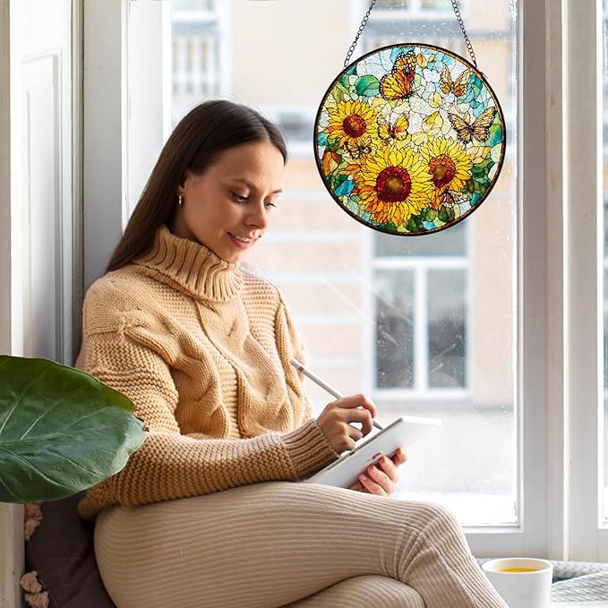 Double Sided Stained Glass Window Hanging, 7.9" Sun Catcher Panel, Green Plant Wall Art for Home & Garden, Unique Gift for Women & Men (Sunflowers&Butterflies, 7.9 Inch)