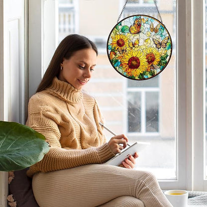 Double Sided Stained Glass Window Hanging, 7.9" Sun Catcher Panel, Green Plant Wall Art for Home & Garden, Unique Gift for Women & Men (Sunflowers&Butterflies, 7.9 Inch)