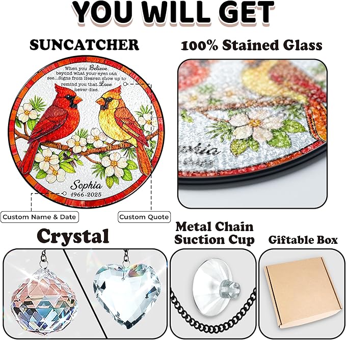 Personalized Cardinal Stained Glass Memorial Suncatcher, Custom Cardinals Window Hanging with Quote, Meaningful Sympathy Gifts for Loss of Loved One, Memorial Day for Mom, Dad, Grandparent