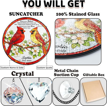 Personalized Cardinal Stained Glass Memorial Suncatcher, Custom Cardinals Window Hanging with Quote, Meaningful Sympathy Gifts for Loss of Loved One, Memorial Day for Mom, Dad, Grandparent