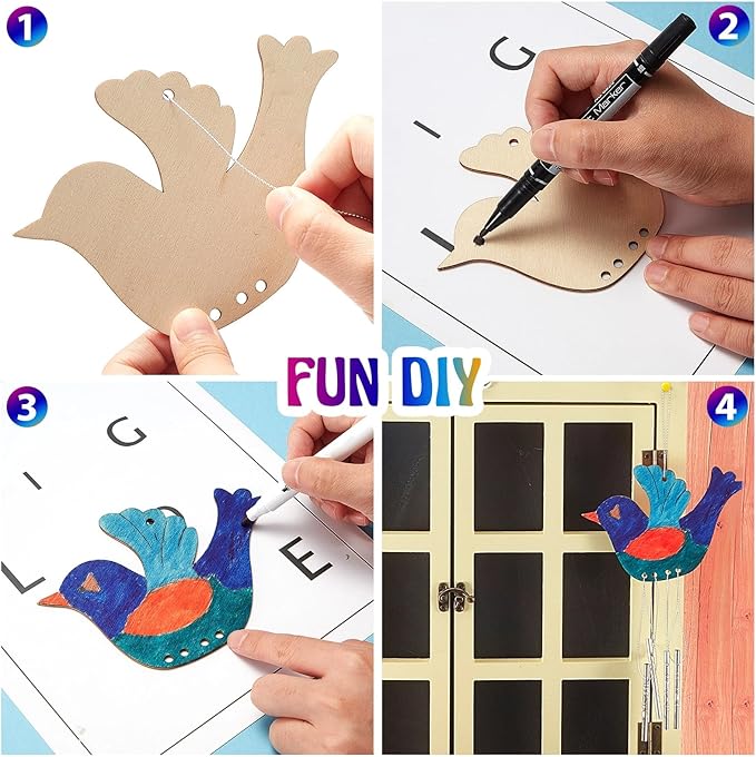 Taiyin 24 Pieces Bird Wooden Wind Chime Craft Kit for Kids DIY Make Your Own Wind Chimes Decorative Wooden Hanging for Classroom Outdoor Garden Patio Balcony Arts Crafts Supplies