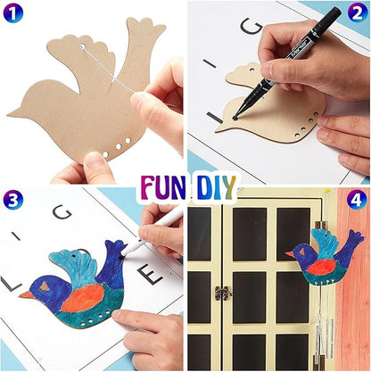 Taiyin 16 Set Bird Wooden Wind Chime Craft Kit for Kids DIY Make Your Own Wind Chimes Decorative Wooden Hanging for Classroom Outdoor Garden Patio Balcony Arts Crafts Supplies