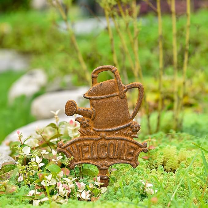 Sungmor Vintage Cast Iron Decorative Garden Stake, Rustic Welcome Yard Art Sign with Stake, 12.6" Tall Metal Watering Can Stake with Welcome Sign, Lawn Patio Backyard Outdoor Spring Decor