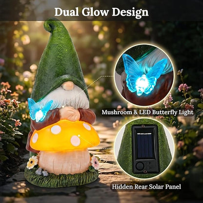 MXwcy Solar Garden Gnomes Statues, 9.06" Resin Gnomes Mushroom Butterfly Garden Decor, Solar Lights Outdoor Waterproof LED Gnomes Decorations for Yard Patio Lawn, Gnome Gifts for Women Mom Grandma