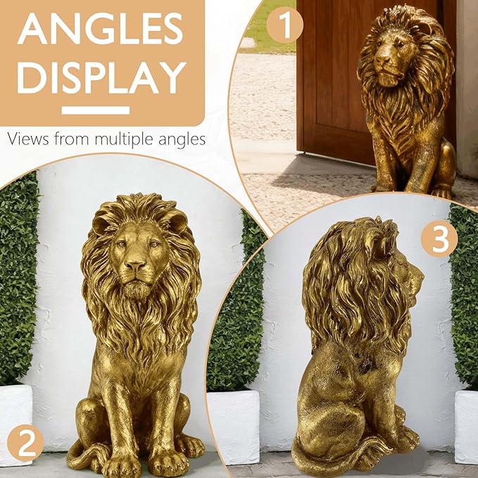 24" Large Golden Lion Statue for Garden, Outdoor Sculpture, Animal Decor for Yard Porch Entryway Patio Living Room (Large, Lion)