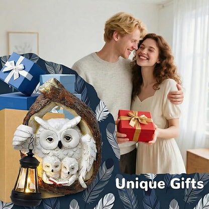 Solar Owl Family Reading a Book Wall Sculptures Outdoor Garden Decor Waterproof Resin Statue for Yard Patio Fence Tree Art Ornaments Home Decorations with Hanging LED