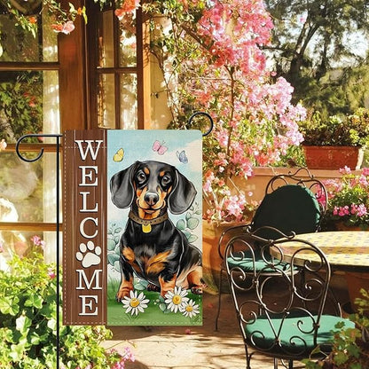 Dyrenson Welcome Dachshund Dog Decorative Garden Flag, Paw Prints Yard Outside Home Decoration Pet Owner Lover Gift, Spring Summer Burlap Outdoor Small Decor Double Sided 12 x 18