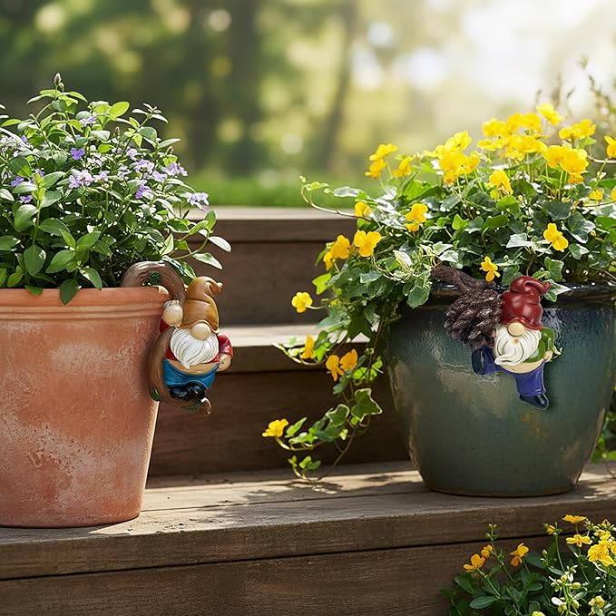 2PCS Cute Sleeping Gnome Statue Flower Pot Hugger, Standing and Leaning on Pine Nuts Gnome Resin Hanging Statue Outdoor Garden Decor, Fence Ornaments for Patio Lawn Garden Yard Plant Pot