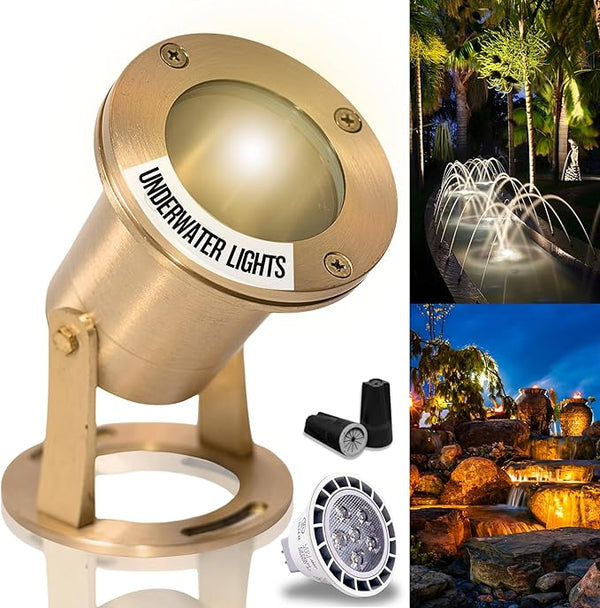 Underwater Light 113 Solid Brass Submersible LED Lights with 7WMR16 LED Bulb for Watertight Bright Long Lasting Pond Lights and Pool Water Fountain Lights
