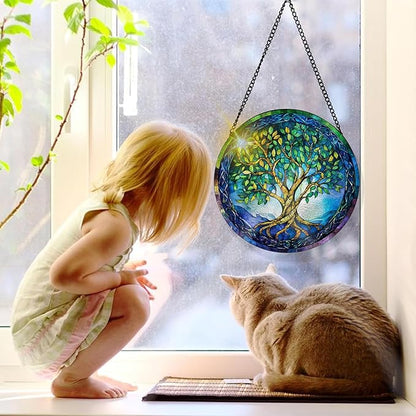 Bimkole Tree of Life Stained Glass Suncatcher Window Hanging - Leaves Indoor Window or Doorway Decoration - Handmade Sun Catcher Decor for Garden Home Christmas & Birthday Gifts 7.87x7.87 Inch