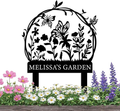 Personalized Garden Sign with Flower Design Custom Stake Butterfly Customized Gardening Gift Farmhouse Decor for Outside Gardening Decorative Gifts Gardeners Backyard Art Yard Outdoor Lawn Patio Path Black Large Camping Housewarming Mom Grandmother