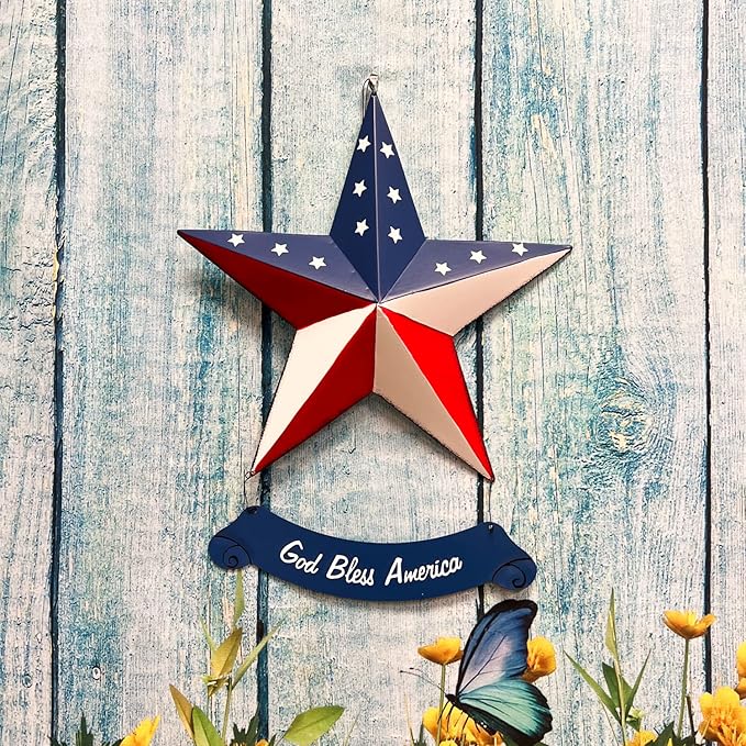 Rustic Metal 3D Barn Americana Stars, Patriotic USA Flag Wall Star with God Bless America Sign, July 4th Country Decor for Indoor & Outdoor Wall Decoration