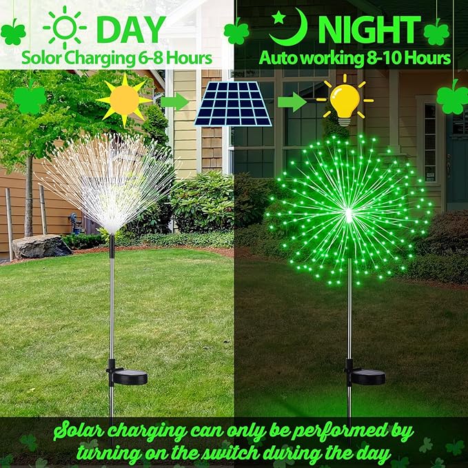 Tujoe 6 Pcs St. Patrick's Day Solar Firework Stake Lights 180 LED 8 Modes Waterproof LED Sparkler Lights Outdoor Decoration for Irish Garden Patio Yard Pathway Walkway Lawn, Green
