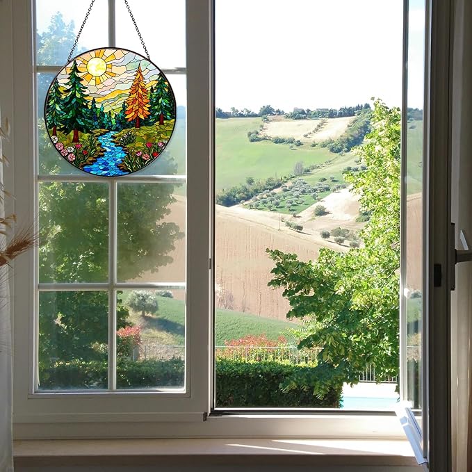 Forest Stained Glass Window Hanging Forest Sun Catcher Decor Nature Lovers Gifts for Women Suncatchers for Garden Home Windows Hanging Decoration, 7.87inch
