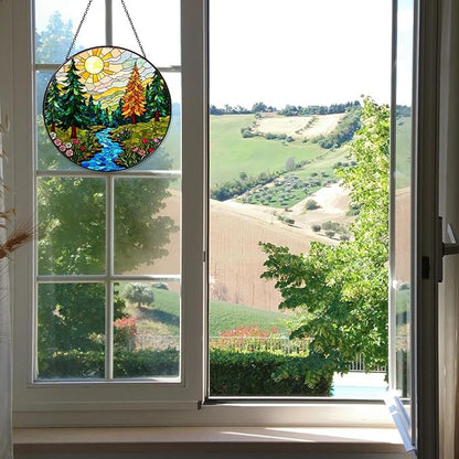 Forest Stained Glass Window Hanging Forest Sun Catcher Decor Nature Lovers Gifts for Women Suncatchers for Garden Home Windows Hanging Decoration, 7.87inch