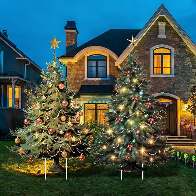 Geelin 2 Pcs Large Christmas Tree Sign Yard with Stake 2.62 ft Vintage Patio Lawn Decoration Outdoor Christmas Party Favor Ornament Garden Sign for Party Supplies(Vintage Tree)