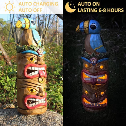 Tiki Statue Totem Pole Decor- 12.32 inch Tall Solar Powered Garden Figurine Tiki Decorations for Tiki Bar Outdoor Patio Balcony Lawn Yard Backyard