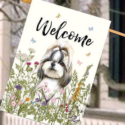Floral Shih Tzu Garden Flag Spring Summer House Flags 28 x 40 Double Sided Flower Dog Yard Flags for Outside Large Outdoor Welcome Flags