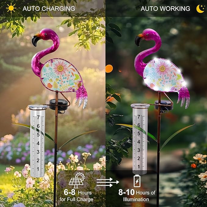 Flamingo Rain Gauge Outdoor - Solar Garden Stake Rain Gauges for Yard with LED Lights & Plastic Measuring Cup for Rain for Lawn, Pathway Decor, Gifts for Wife/Women