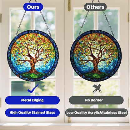 Tree of Life Stained Glass Window Hanging - Sun Catchers for Indoor/Outdoor Décor | Artisan Glass Panels for Home & Garden Wall Art | Unique Suncatcher Housewarming Gift for Home Decoration