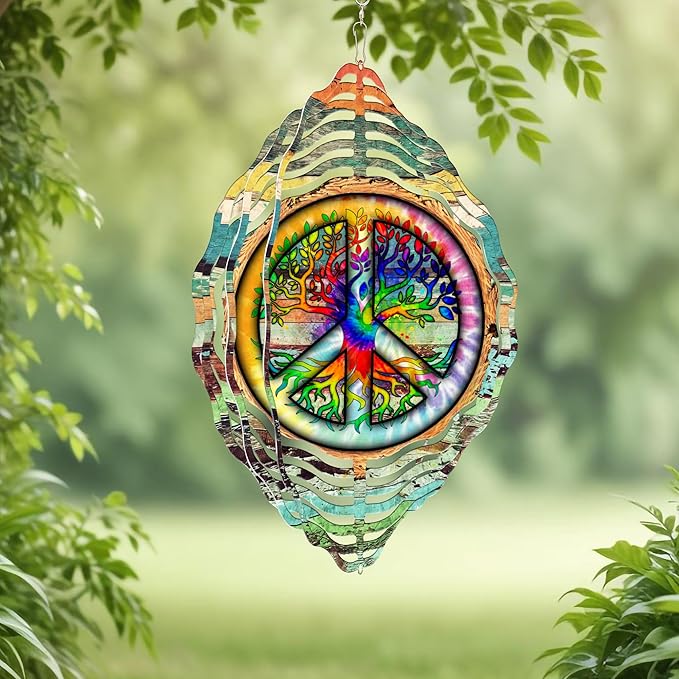 Peace Sign Hippie Tree of Life Wind Spinner TPT2235WS, 12 inches - 3D Hanging Wind Spinners Outdoor, Yard, Garden Decor