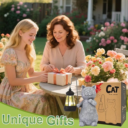Qeeman Solar Cat Garden Statue: Weatherproof Resin Figurine with Warm Glow Lantern - Outdoor Decor for Yard Pathway Patio Porch Balcony - Gifts for Mom Grandma Cat Lovers