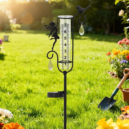 J-Fly Glass Weather Station with Rain Gauge for Solar Yard Decorations, Solar Glass Freeze Proof Rain Measure Gauge Outdoor Stratus Raingage Garden Stakes, Outdoor Yard Fairy Garden Decor Accessories