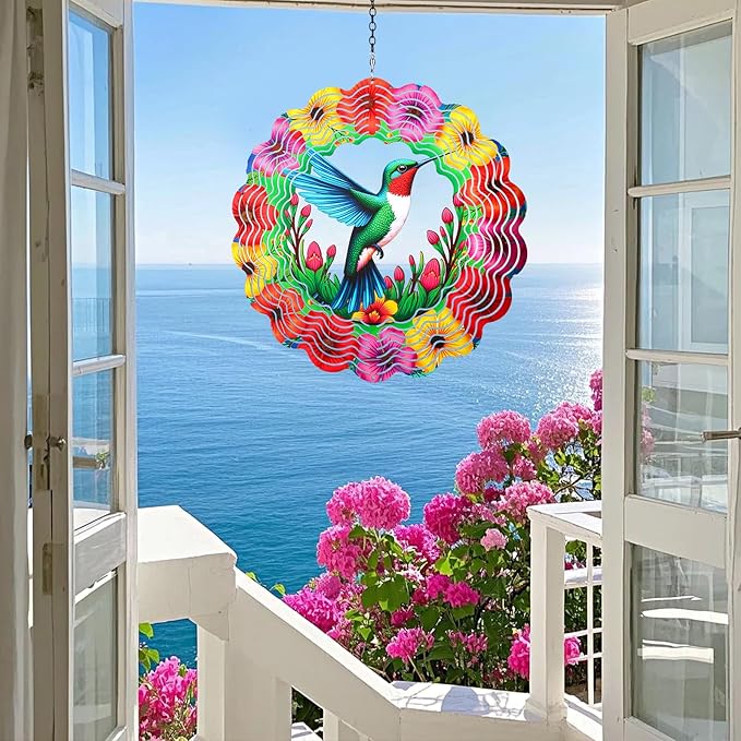 Wind Spinners Outdoor,Hanging 3D Hummingbird Garden Wind Spinner for Outdoor Silhouette Decorations,Gifts for Women Men Metal Wind Kinetic Sculpture for Decor Garden,Yard Art,Patio,Porch,Balcony