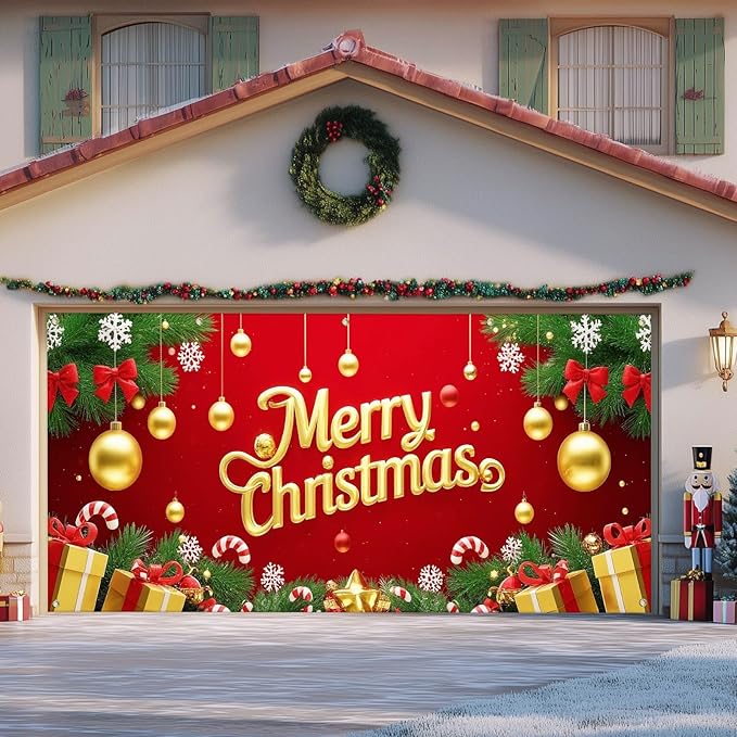 IVN Merry Christmas Happy New Year Garage Door Banner 13x6 ft Christmas Garage Door Cover Wnter Scene Background Indoor Outdoor Red Gold Snowflake Candy Cane Ornaments Gift Boxes Holiday Decorations for Home and Events Wall Backdrop Decor