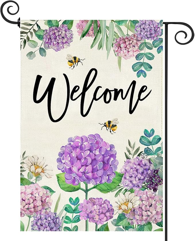 Baccessor Spring Hydrangea Garden Flag Double Sided 12x18 Inch, Summer Purple Flower Floral Welcome Small Yard Flag Burlap Seasonal Farmhouse Yard Outdoor Decoration
