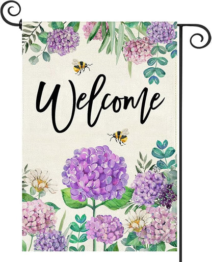 Baccessor Spring Hydrangea Garden Flag Double Sided 12x18 Inch, Summer Purple Flower Floral Welcome Small Yard Flag Burlap Seasonal Farmhouse Yard Outdoor Decoration
