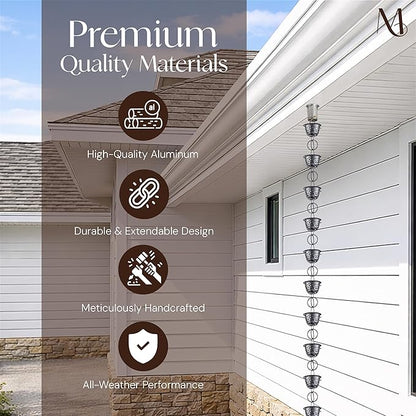 Monarch Rain Chains Aluminum Hammered Cup Pewter Rain Chains for Gutters – 8.5 ft Pewter Decorative Rainchain Outdoor Durable Heavy Duty Gutter Chain Downspout Modern Rainchains for Outside