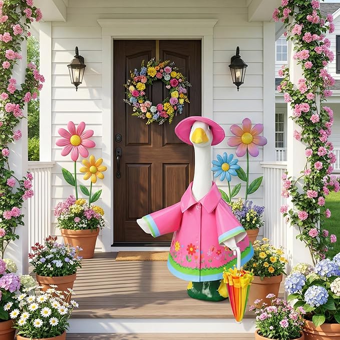 DECOHS 3 Pcs/Set Raincoat Porch Goose Outfits, Summer Lawn Goose Statue Raincoat Costume, Yard Goose Clothes Raincoats Umbrella Hat Outfit for 23" Statue Patio Garden Decoration (Rosy)