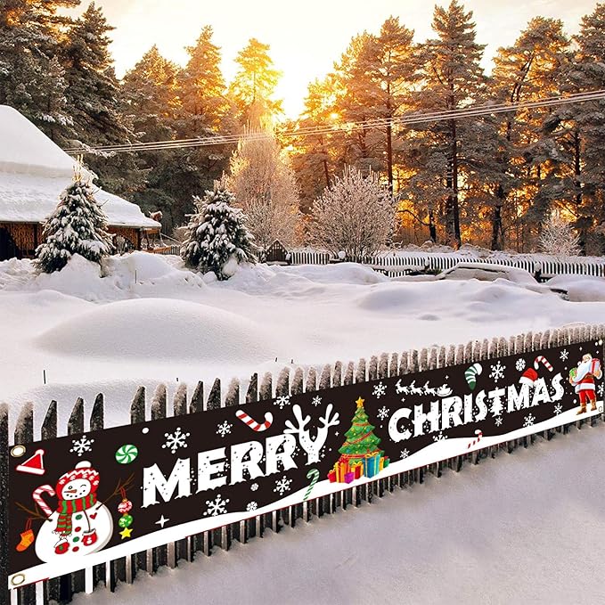 Probsin Large Merry Christmas Banner 120" x 20" Double Printed Xmas Decoration Snowman Christmas Tree Hanging Santa Claus Holiday Party Supplies Home Decor for Outdoor,Indoor,Yard,Garden,Porch,Lawn
