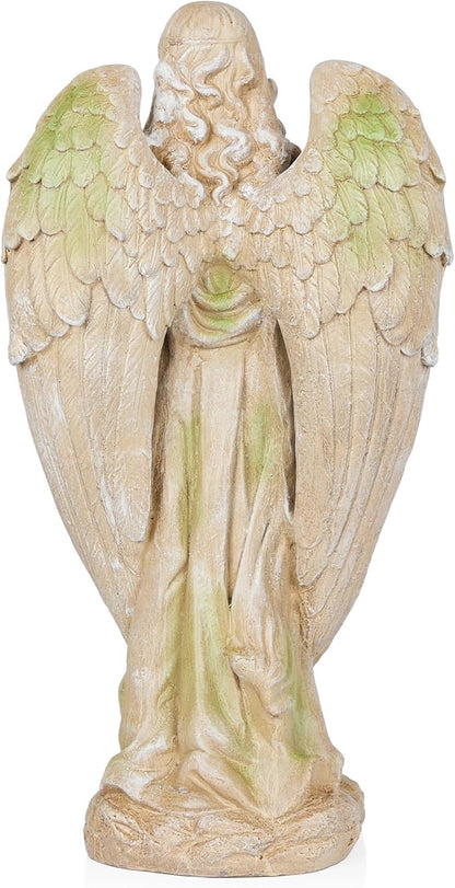 Alpine Corporation QFC105-201 Old World Angel Statue with Mossy Finish, Sentimental Garden Décor, 31" H, Tan/Moss Green