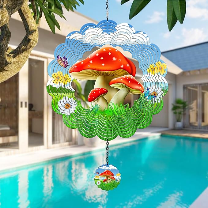 J-Fly Hanging Outdoor Garden Decor, Colorful Red Mushroom Wind Spinners, Ornaments Kinetic Yard Art, Unique Gifts for Women