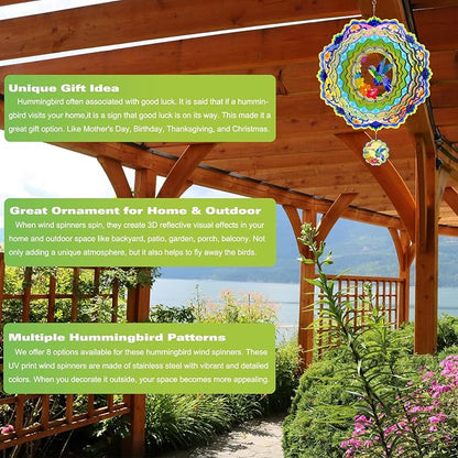 Wind Spinners - 12 Inches Large Metal Hummingbird Wind Spinner, 3D Reflective Wind Sculptures for Home, Outside Decor, Garden, Yard Art, Gifts for Mom, Daughter, Grandma's Birthday, Light Green