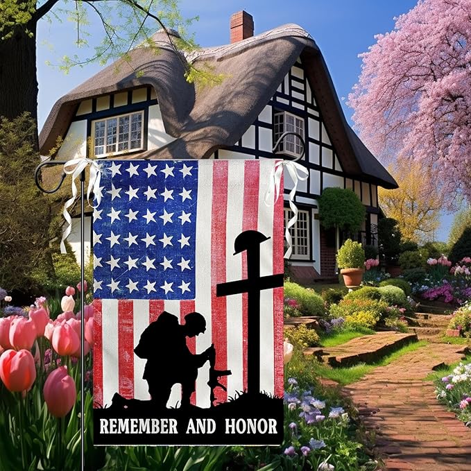 Memorial Day Garden Flags Veteran Soldier Patriotic Yard Flags American Flag Remember and Honor Cross Burlap Flag Independence Decorations for Outside 12 x 18 Double Sided